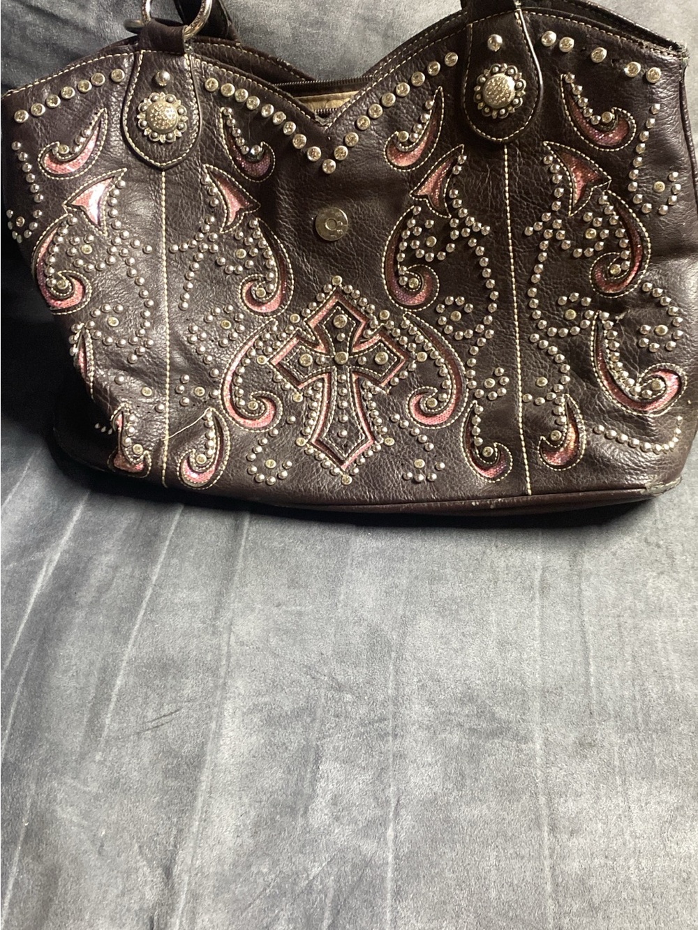 Studded Dark Brown Leather Shoulder Bag with Pink Accents